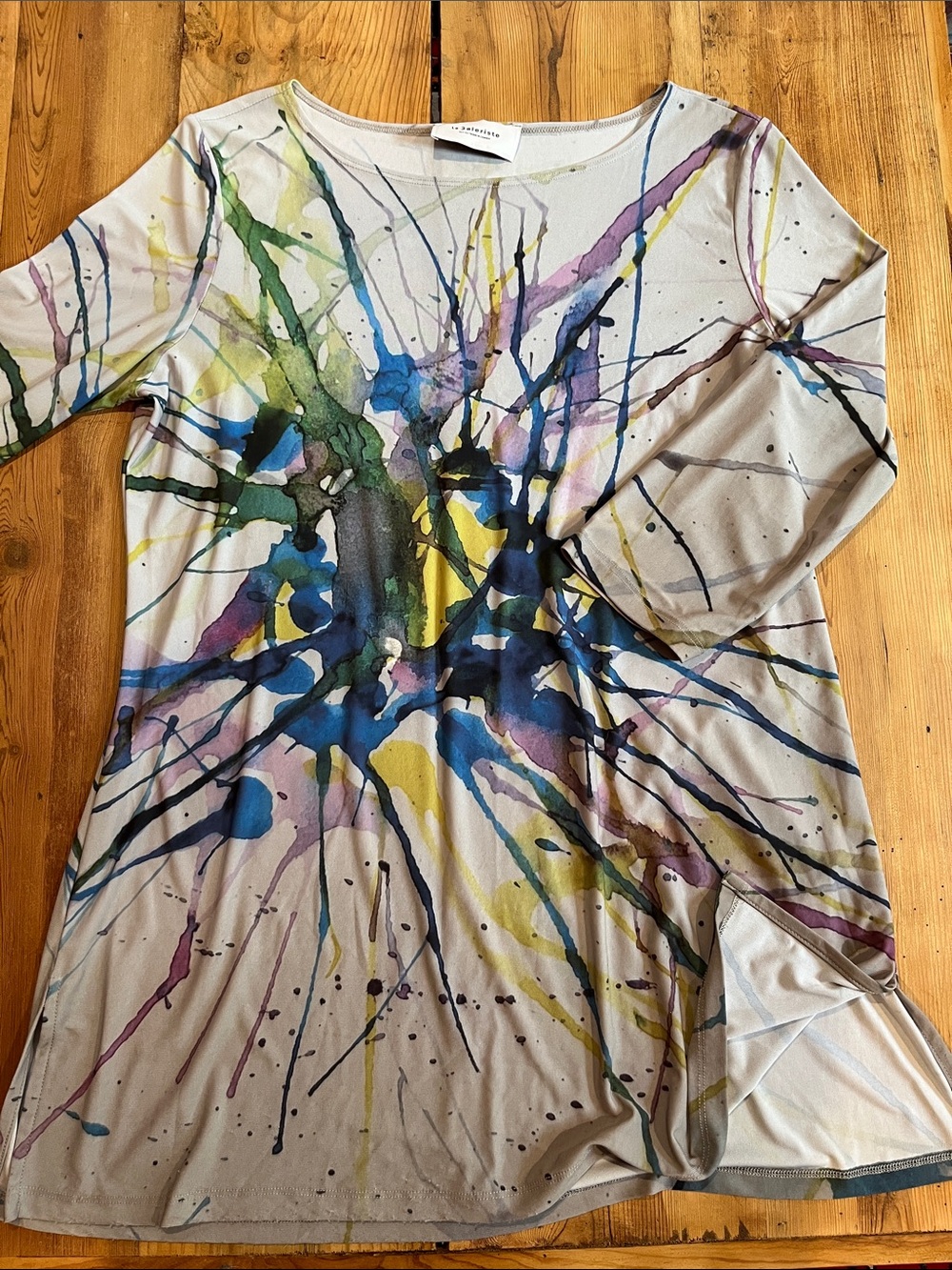 LA GALERISTE XL Gray Paint Splatter Asymmetrical Tunic Top 3/4 Sleeve Lagenlook